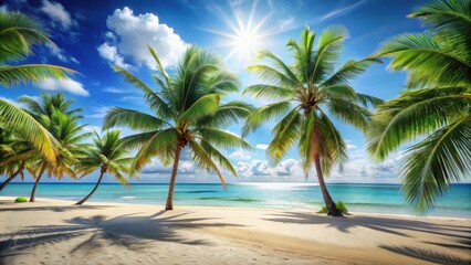 Tranquil beach scene with palm trees , beach, tropical, serene, peaceful, sunlight, vacation, paradise, relaxation, sea, ocean