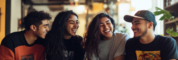 joyful young hispanic friends sharing laughter in cozy cafe. social interactions, friendship, relationship, socializing
