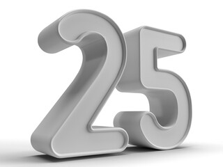 Fototapeta premium Number 25, Isolated Silver Jubilee Mark in 3D Graphics on White Background, Larger than Life, 3D illustration.