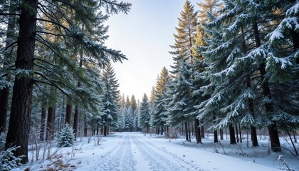 Snowy path through a pine forest in a serene winter landscape