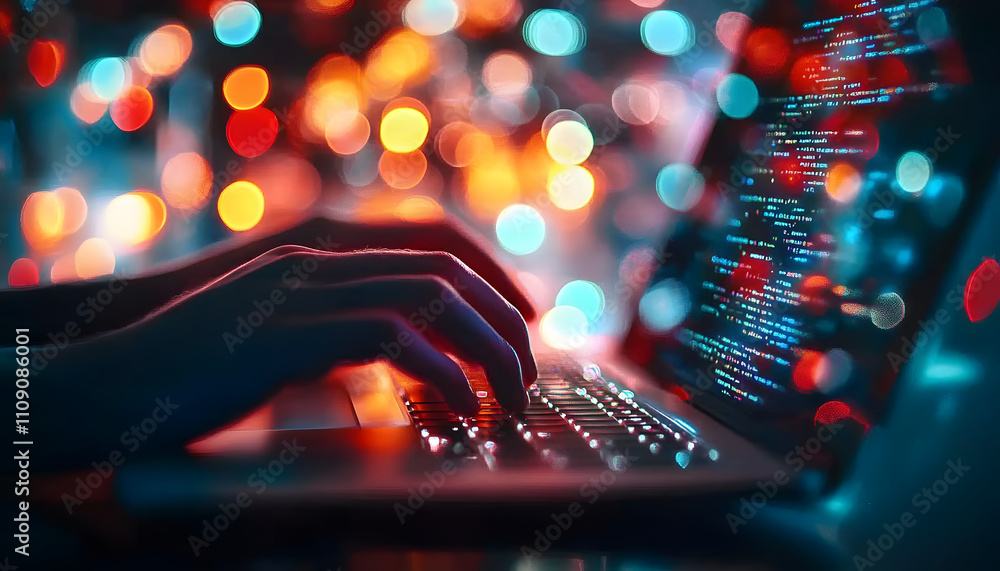 Poster close-up of hands typing on laptop keyboard with blurry lights in background