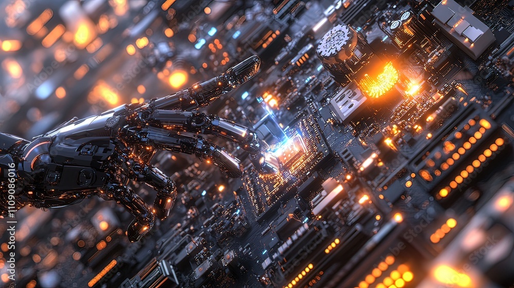 Poster robotic hand interacting with a complex circuit board, showcasing technological advancement and arti