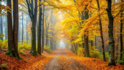 Fototapeta premium Idyllic path covered with yellow autumn leaves surrounded by colorful trees in a foggy forest , alley, path
