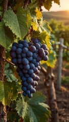 Fototapeta premium Vineyard at sunset with ripe grapes and a peaceful ambiance.