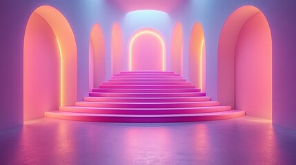 Illuminated Stairs in a Vibrant Pink and Blue Archway Setting with Soft Glowing Lights Ideal for Abstract or Futuristic Visual Projects