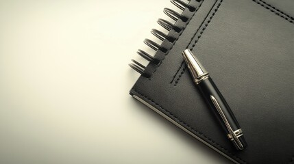 Black leather spiral notebook and pen on white surface.