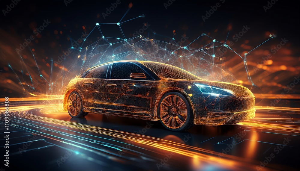 Poster a futuristic car glows with vibrant lights and digital patterns, showcasing a blend of technology an