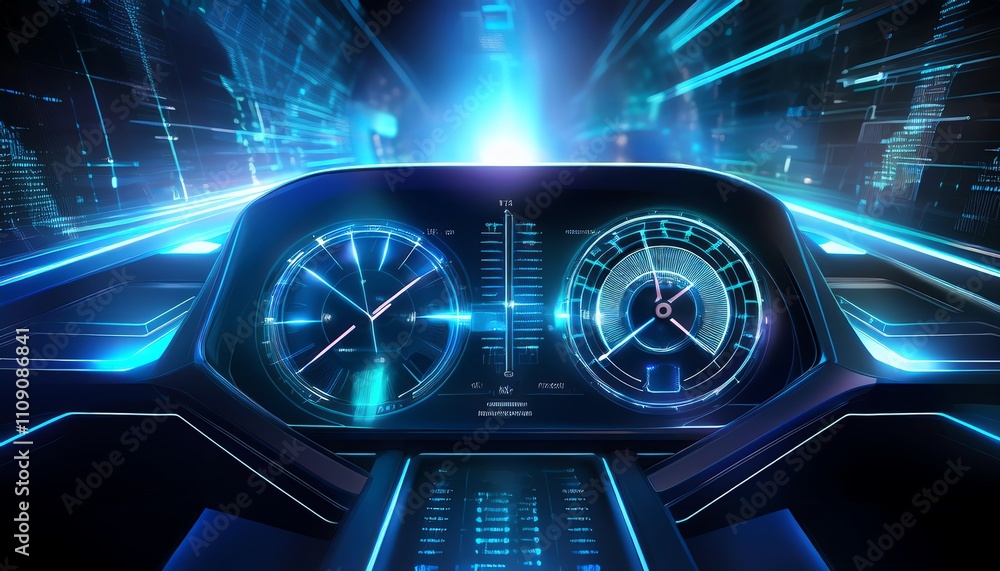Poster a futuristic dashboard with glowing interfaces and data displays, suggesting advanced technology and