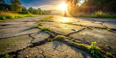 Naklejka premium A low angle view of a cracked stone path with sunlight filtering through the trees, showcasing the resilience of nature as greenery sprouts through the cracks