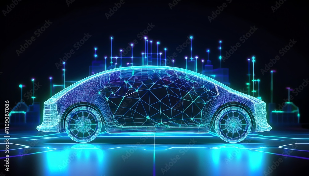 Poster a futuristic digital representation of a car, showcasing a network of glowing lines and nodes, empha