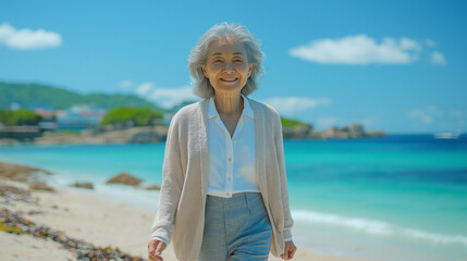 Fototapeta premium 海岸を散歩するシニア女性