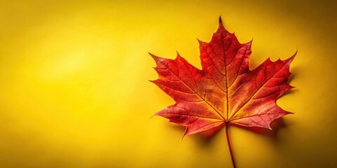Fototapeta premium A single vibrant red maple leaf sits against a bright yellow backdrop, showcasing the beauty of autumnal foliage in a minimalist design.