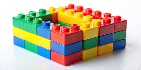 Obraz premium Colorful building block toy made of bricks in close up detail, toy, building block, colorful, bricks, close up