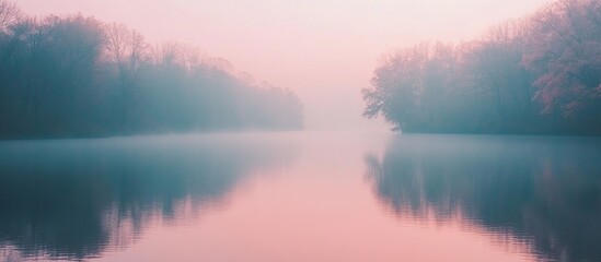 Fototapeta premium Misty Morning Lake Serenity: A Tranquil Reflection of Nature's Beauty