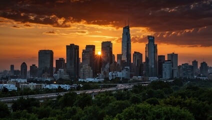 Obraz premium Urban sunset with city skyline.