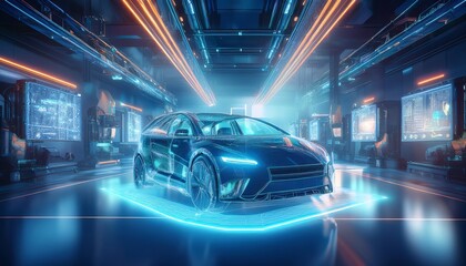 Fototapeta premium A futuristic car showcased in a high-tech environment, illuminated by neon lights and digital displays.