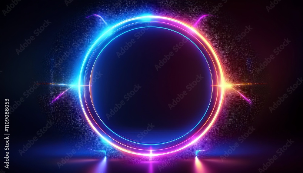 Poster a vibrant, luminous circular design with glowing blue and pink hues, set against a dark background, 