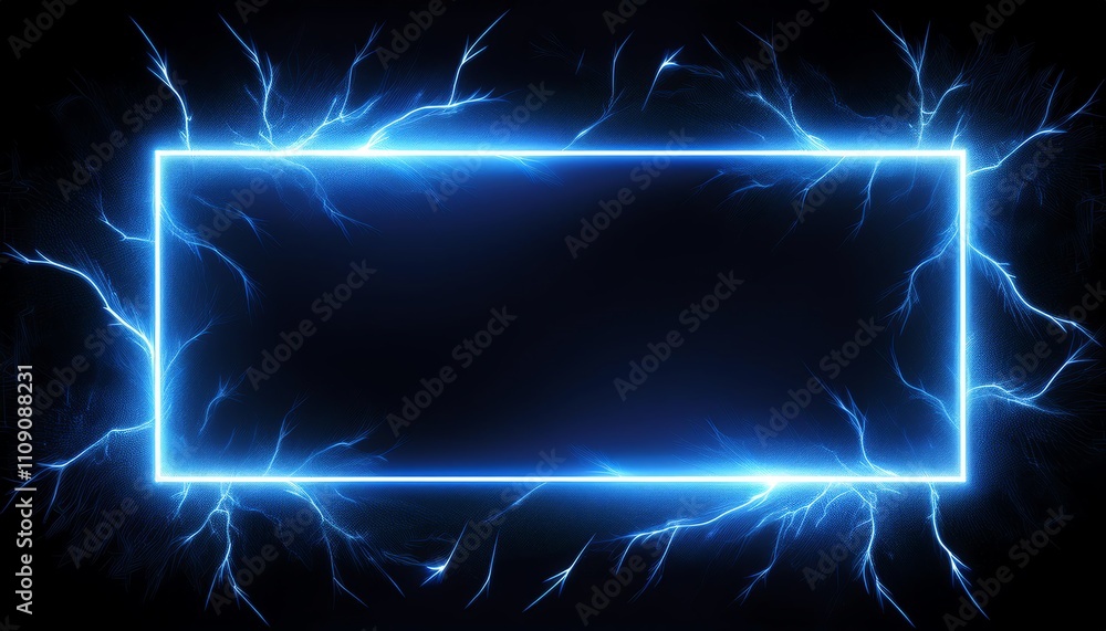 Poster a glowing blue rectangular frame surrounded by electric arcs on a dark background, creating a futuri