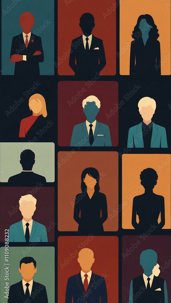 Poster user icon collection with different person silhouettes in linear style.