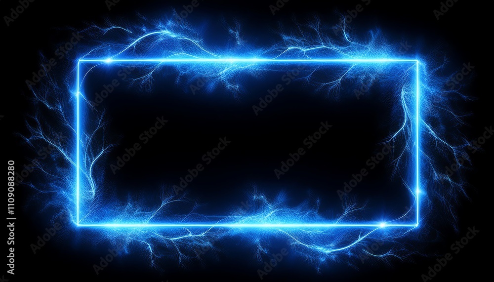 Poster a glowing blue electric frame on a dark background, creating a futuristic and dynamic visual effect.