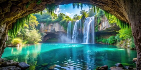 Enchanted cave with Bercolon waterfall surrounded by crystal clear turquoise lake, waterfall, cave, mountain