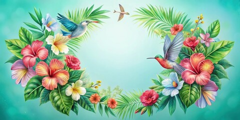 Naklejka premium A vibrant floral arrangement featuring tropical flowers and birds in flight, all depicted in a watercolor style, against a tranquil aqua background.