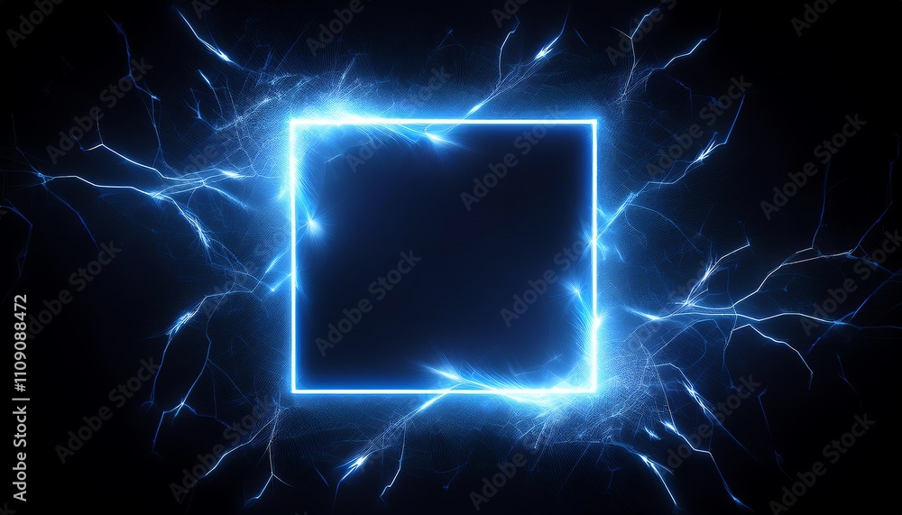 Poster a glowing blue electric frame surrounded by dynamic energy on a dark background, creating a futurist