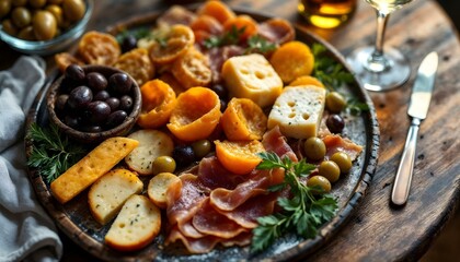 A platter of Spanish tapas, including olives, jam&oacute;n, and manchego cheese, served with wine