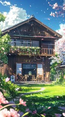 Obraz premium A charming two-story house with a lush garden, blooming flowers, and wooden furniture under a clear blue sky, evoking a serene and inviting atmosphere