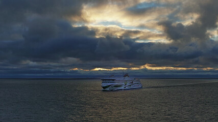 Single ferry in Baltic Sea in bad weather.