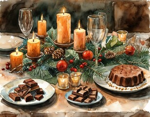 Naklejka premium Festive table setting with candles, chocolate pieces, and holiday decorations in warm colors
