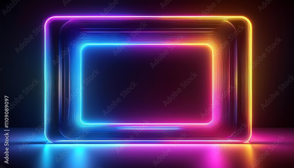 Poster A vibrant, glowing rectangular frame with neon colors against a dark background, creating a striking visual effect.