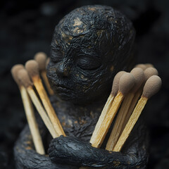 Artistic representation of a textured figure holding matchsticks in a dark environment inspired by human emotion