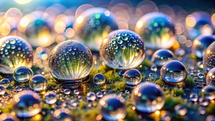 Naklejka premium A close up of dew drops on a mossy surface, each one glistening with light and reflecting the surrounding world in its miniature sphere.