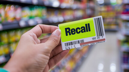 Hand holding a "Recall" sticker on a packaged food item, highlighting the importance of food safety and consumer protection in product management.