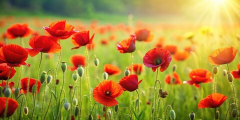 Naklejka premium Vibrant red poppies standing out in lush green grass, blooms, flowers, nature, field, vibrant, colorful, beauty, growth