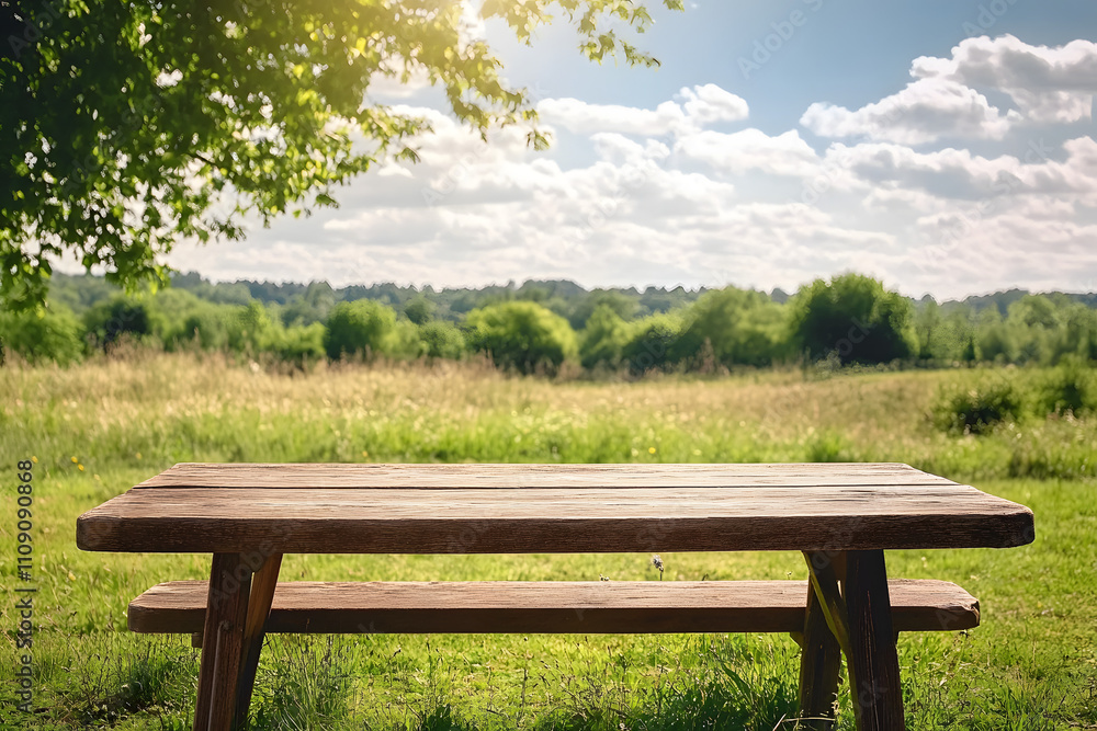 Poster empty rustic table in front of countryside background. product display and picnic concept