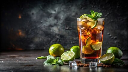 Fototapeta premium Cuba Libre cocktail with strong drinks, cola, lime, and ice in a glass, cold longdrink, cocktail, Cuba Libre, long island iced tea