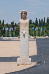 Athens, Greece / April 2025: The Hermes columns at The Panathenaic stadium, Kallimarmaro