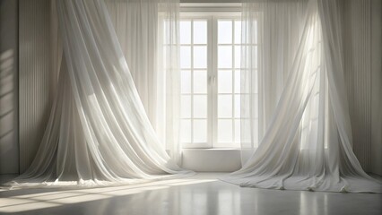 Sunlight streams through sheer white curtains, casting soft shadows on the pristine floor, creating an ethereal and minimalist ambiance.