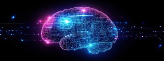 A futuristic brain graphic composed of vibrant circuitry and glowing lines, suitable for tech presentations, articles on AI, or neuroscience topics, symbolizing innovation and intelligence,