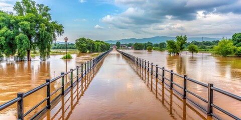Obraz premium Pedestrian walkway flooded by the Mae Kok river in Chiang Rai province during rainy season, flood