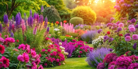 Obraz premium Lush garden with vibrant pink and purple flowers in full bloom