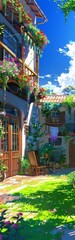 A charming two-story house with a lush garden, blooming flowers, and wooden furniture under a clear blue sky, evoking a serene and inviting atmosphere