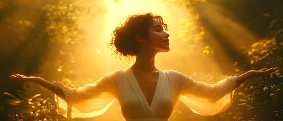 Obraz premium A young woman in a white coat fluttering in the wind, smiling brightly on a warm morning sunlight, perfect for use in ads or campaigns that convey a sense of calm, freshness, and new beginnings.