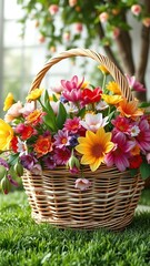 A beautiful wicker basket filled with vibrant spring flowers and lush greenery , planters, nature-inspired, fresh flowers