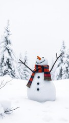 Obraz premium A cheerful snowman welcoming a happy visitor amidst a snow-covered landscape, seasonal, visitor
