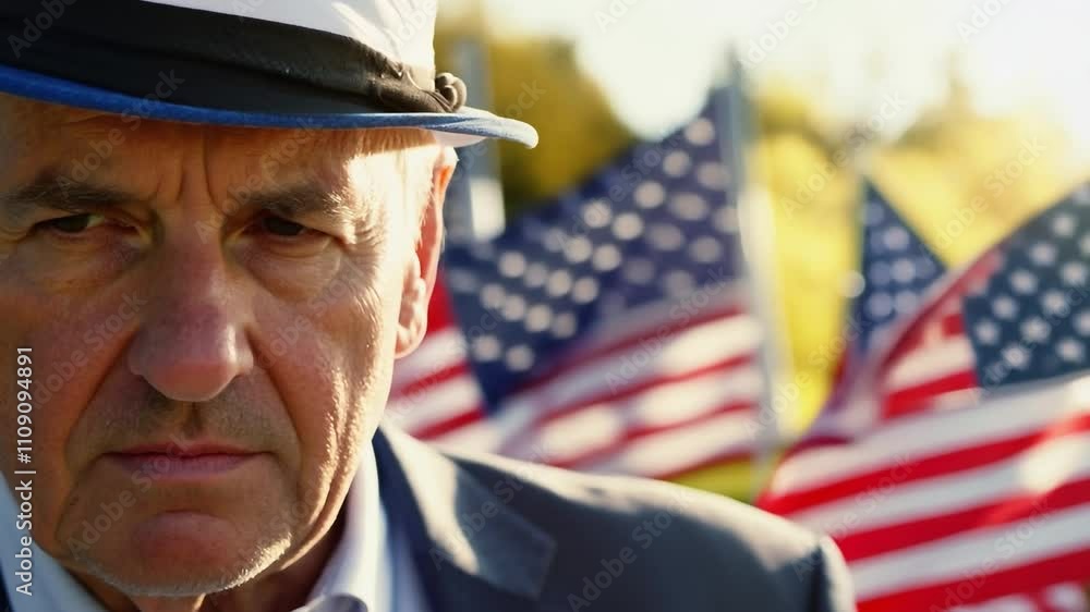 Aufkleber man wearing a hat and a suit stands in front of a row of american flags. he looks angry and is stari