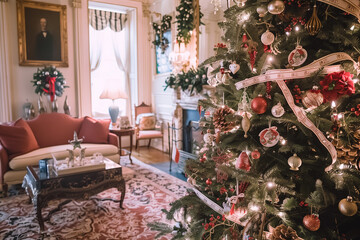 Obraz premium Christmas tree adorned in grandmillennial style with vintage decor and warm ambiance in a cozy living room