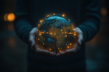 Fototapeta premium A person holds a glowing, digital globe representing global connectivity and innovation, This image can be used in technology, business, or educational materials highlighting global trends,